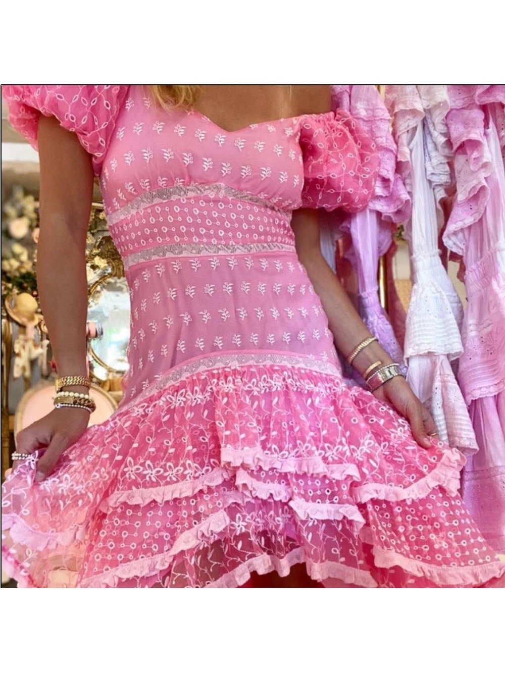 LoveShackFancy Pink Eyelet High-Low Ruffle Dress